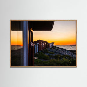 Solnedgång vid sjöbodarna i Torstensvik – Frillesås, Hallands kust