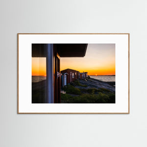 Solnedgång vid sjöbodarna i Torstensvik – Frillesås, Hallands kust