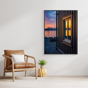 Solnedgång vid Nya Varvet i Göteborg – Canvas med modern arkitektur