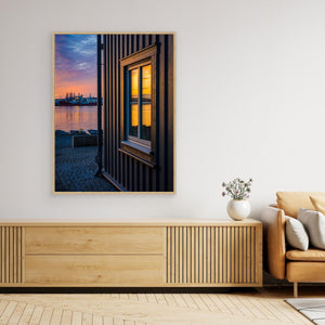 Solnedgång vid Nya Varvet i Göteborg – Canvas med modern arkitektur