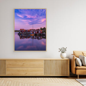 Lilla Rösö Önnered Göteborg – Röda Sjöbodar i Solnedgång | Canvas
