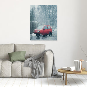 Röd mopedbil i dimma – Färjenäs, Göteborg | Canvas